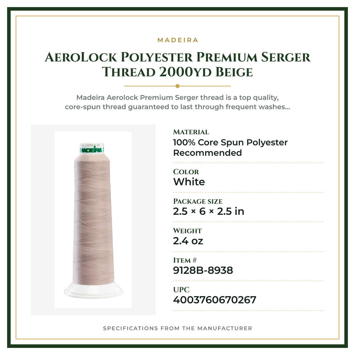 Product Specifications – AeroLock Polyester Premium Serger Thread 2000yd Beige