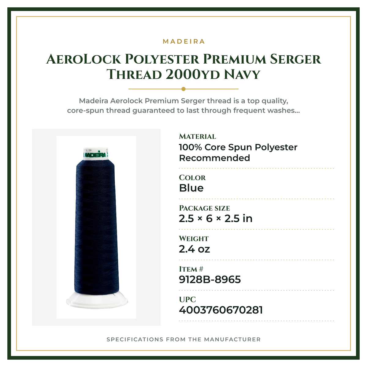Product Specifications – AeroLock Polyester Premium Serger Thread 2000yd Navy