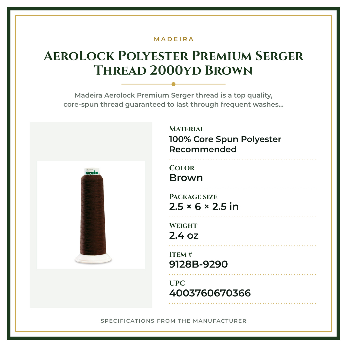 Product Specifications – AeroLock Polyester Premium Serger Thread 2000yd Brown