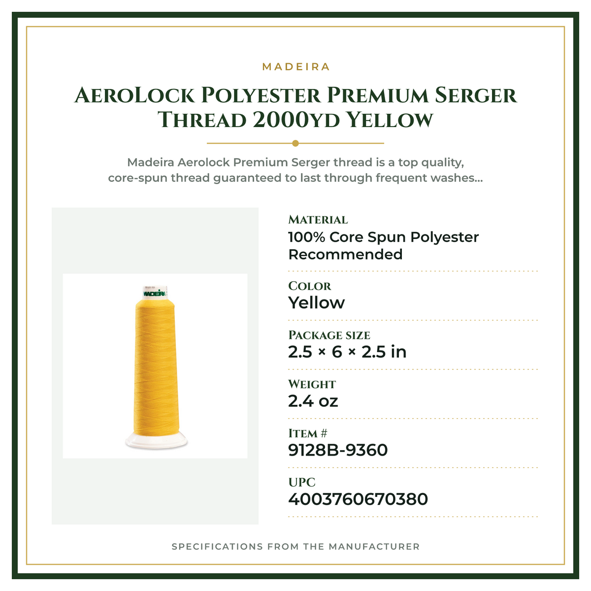 Product Specifications – AeroLock Polyester Premium Serger Thread 2000yd Yellow