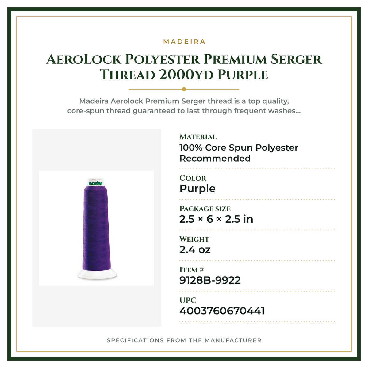 Product Specifications – AeroLock Polyester Premium Serger Thread 2000yd Purple