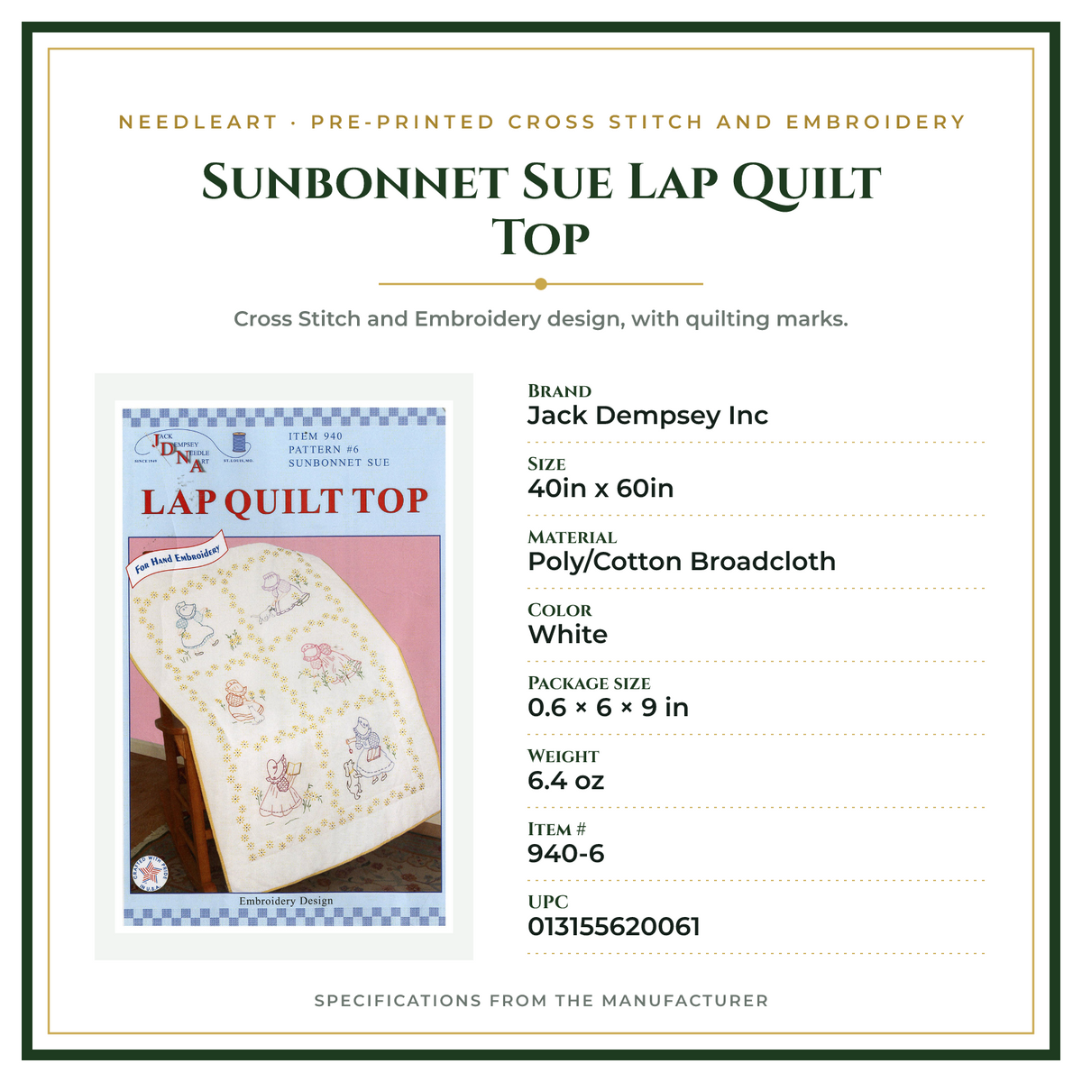 Product Specifications – Sunbonnet Sue Lap Quilt Top