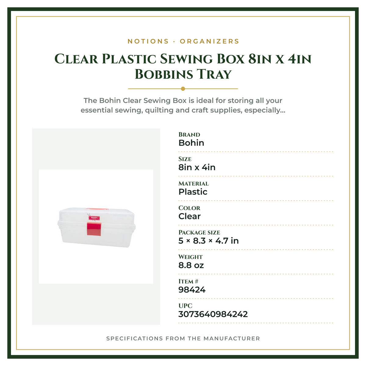 Product Specifications – Clear Plastic Sewing Box 8in x 4in Bobbins Tray