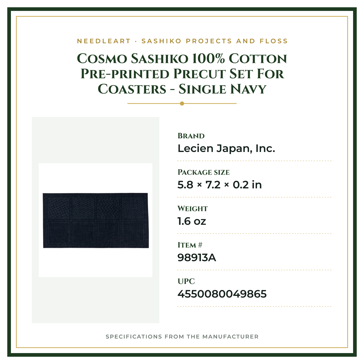 Product Specifications – Cosmo Sashiko 100% Cotton Pre-printed Precut Set For Coasters - Single Navy