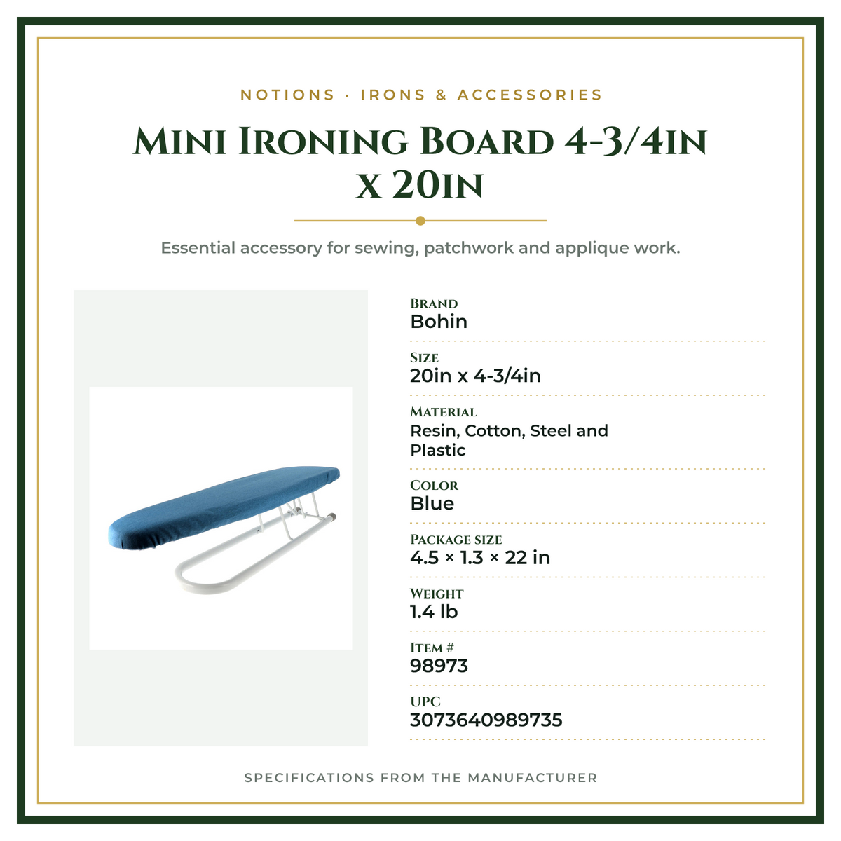 Product Specifications – Mini Ironing Board 4-3/4in x 20in