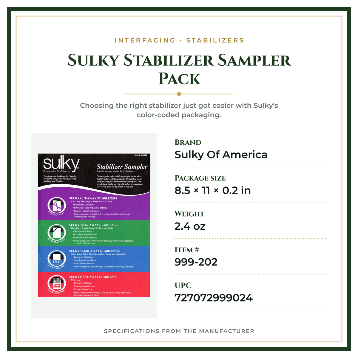 Product Specifications – Sulky Stabilizer Sampler Pack