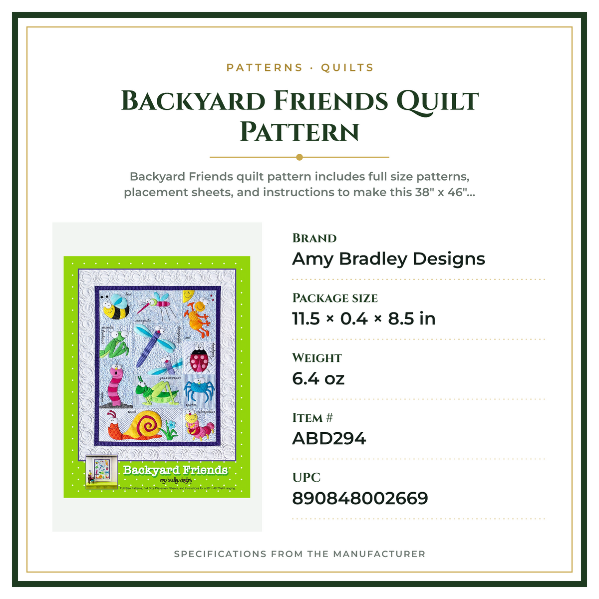 Product Specifications – Backyard Friends Quilt Pattern