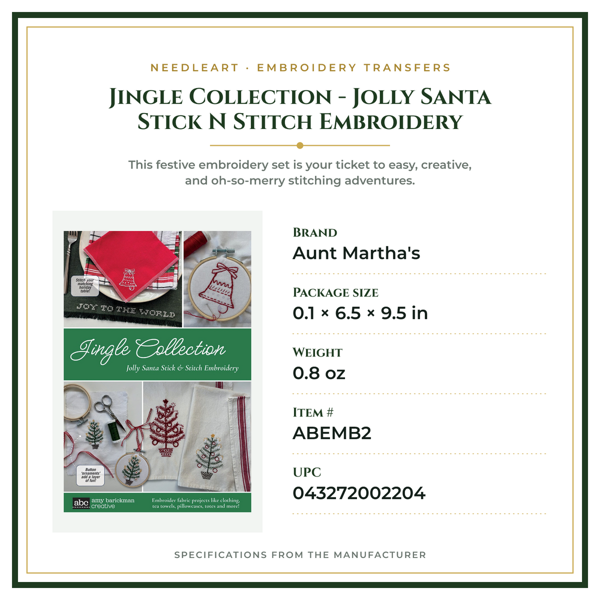 Product Specifications – Jingle Collection - Jolly Santa Stick N Stitch Embroidery