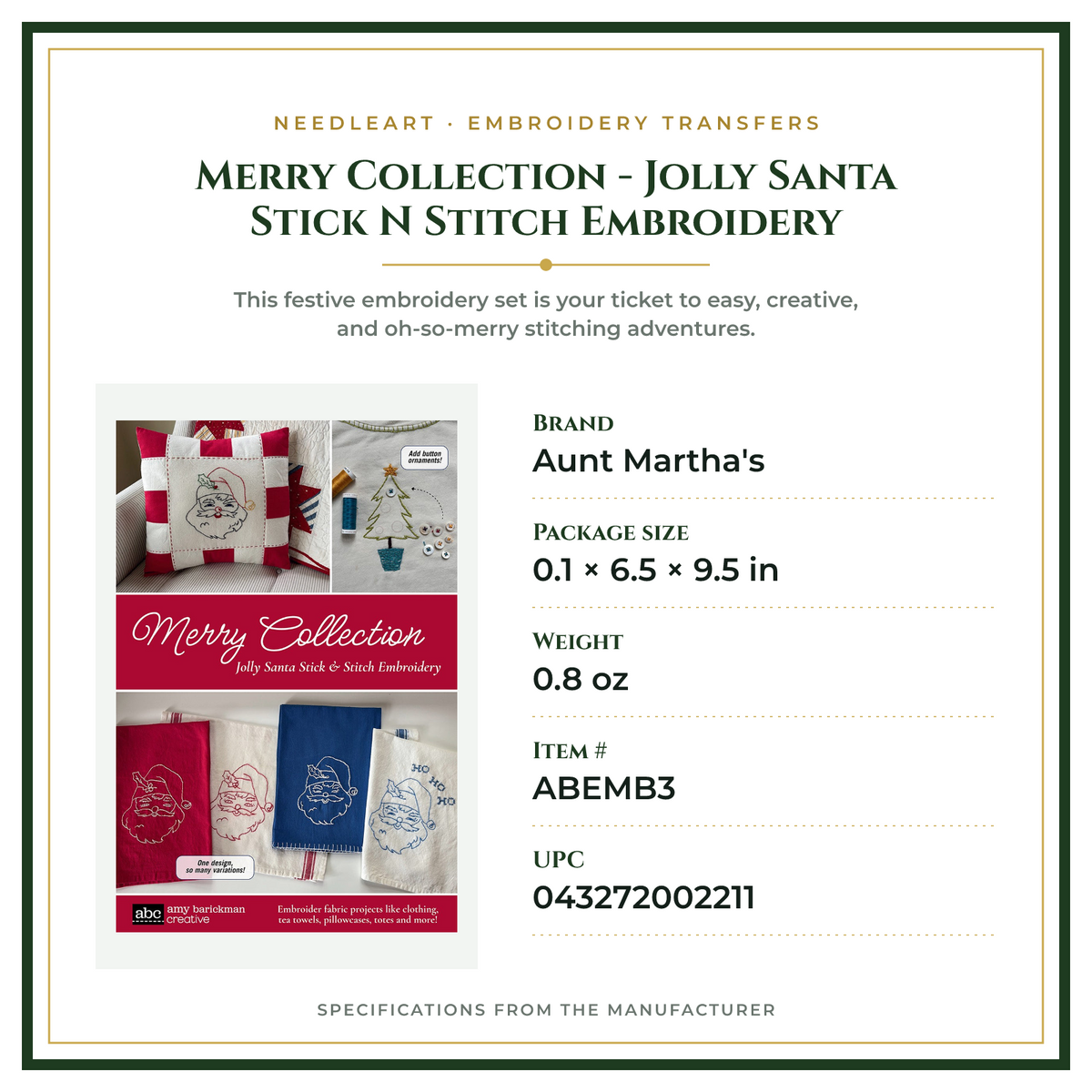 Product Specifications – Merry Collection - Jolly Santa Stick N Stitch Embroidery