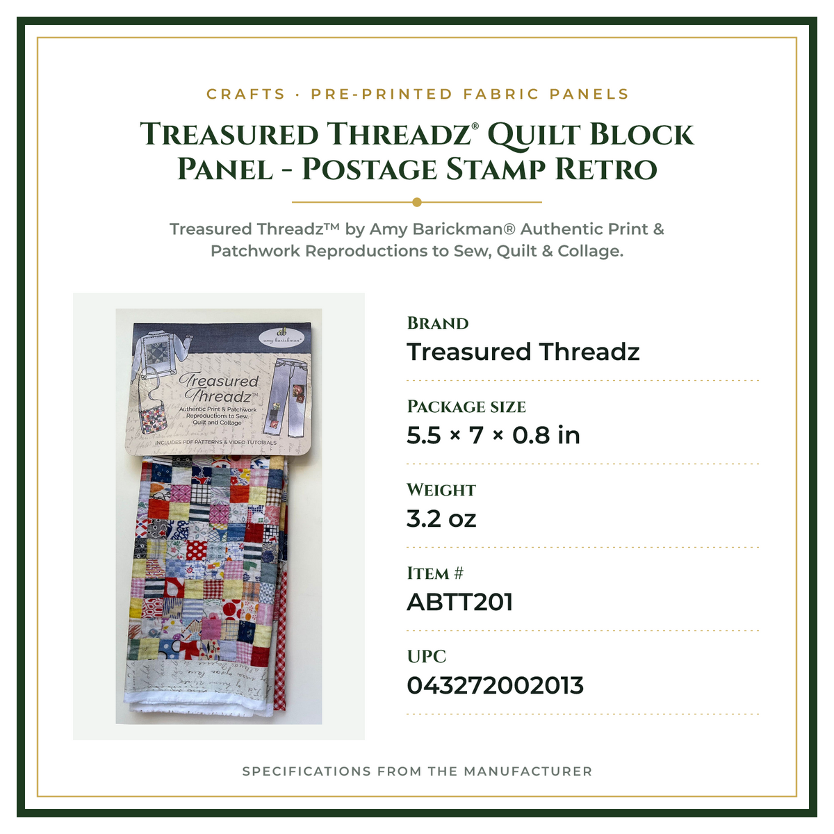 Product Specifications – Treasured Threadz® Quilt Block Panel - Postage Stamp Retro