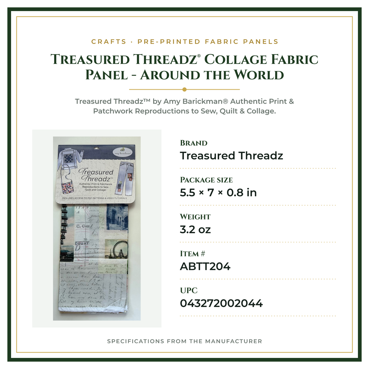 Product Specifications – Treasured Threadz® Collage Fabric Panel - Around the World