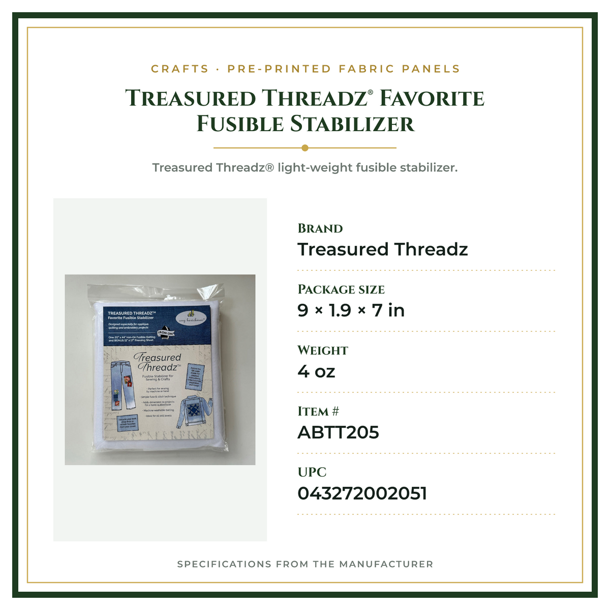 Product Specifications – Treasured Threadz® Favorite Fusible Stabilizer