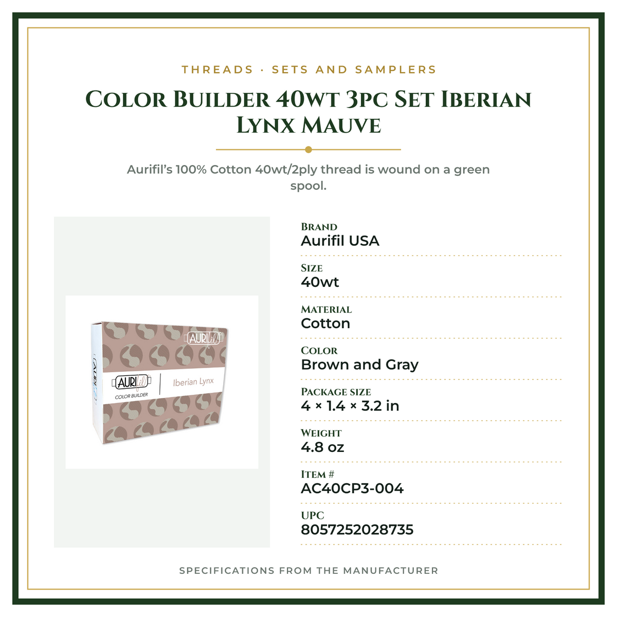 Product Specifications – Color Builder 40wt 3pc Set Iberian Lynx Mauve