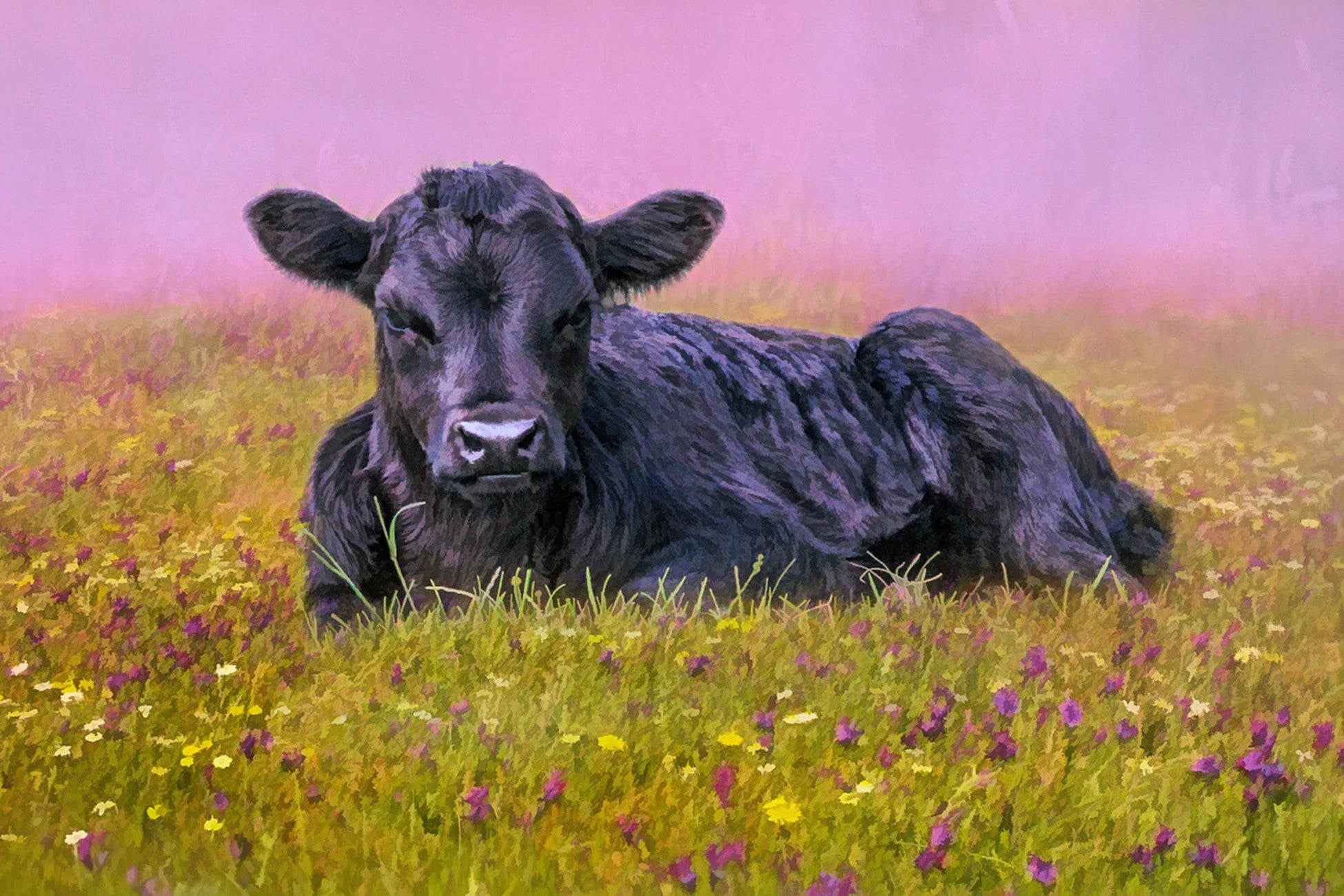 Black Angus Calf in the Flowers Panel 24in x 16in