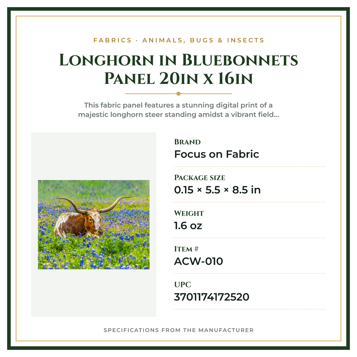 Product Specifications – Longhorn in Bluebonnets Panel 20in x 16in