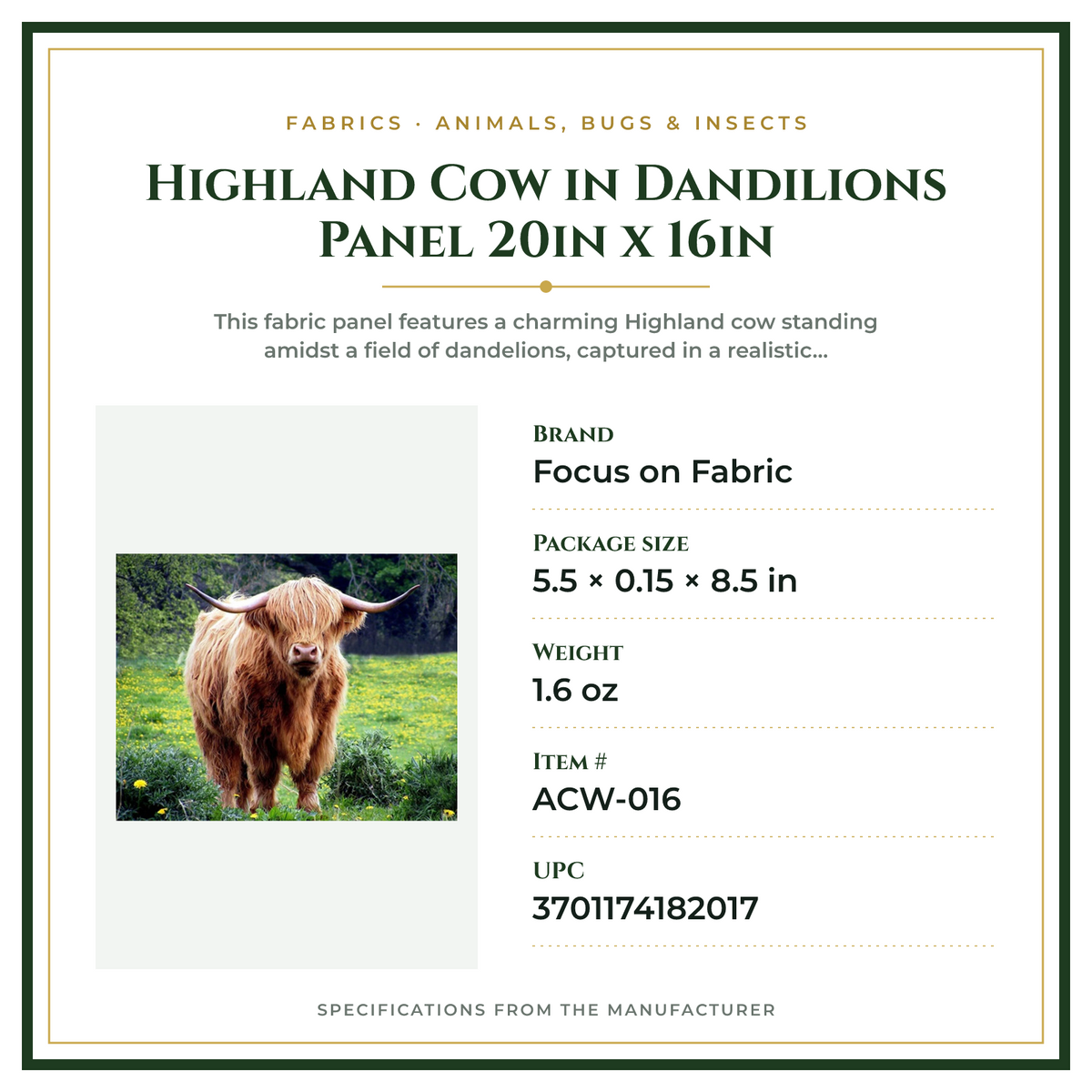 Product Specifications – Highland Cow in Dandilions Panel 20in x 16in