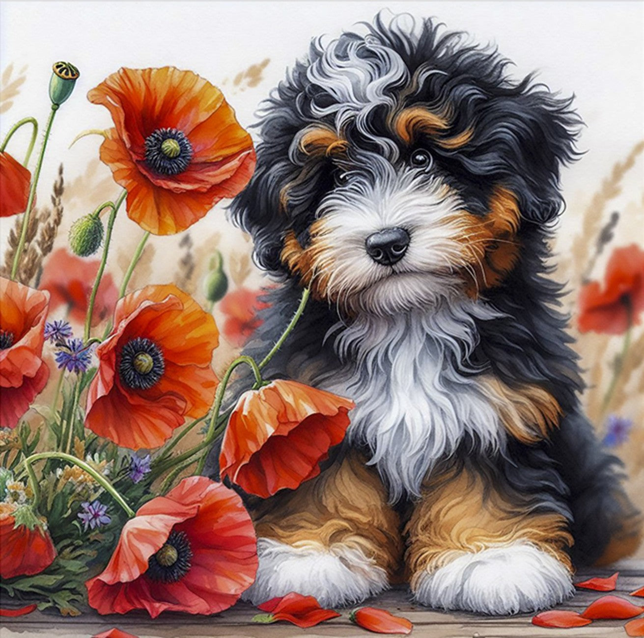 poppies &puppy 16in x 16in