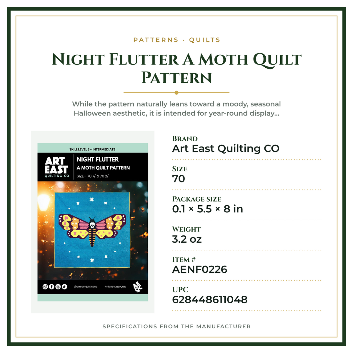 Product Specifications – Night Flutter A Moth Quilt Pattern