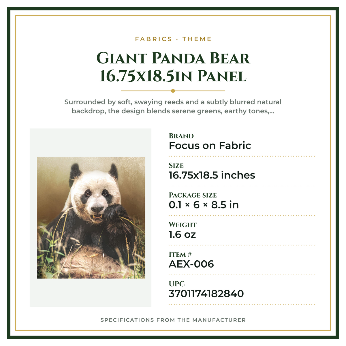 Product Specifications – Giant Panda Bear 16.75x18.5in Panel