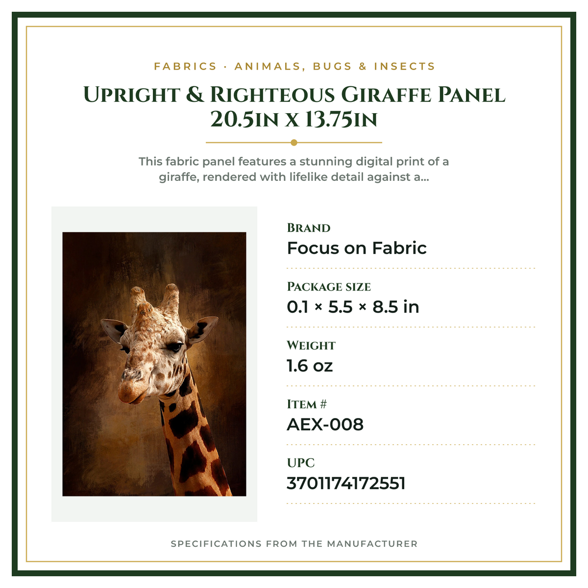 Product Specifications – Upright & Righteous Giraffe Panel 20.5in x 13.75in