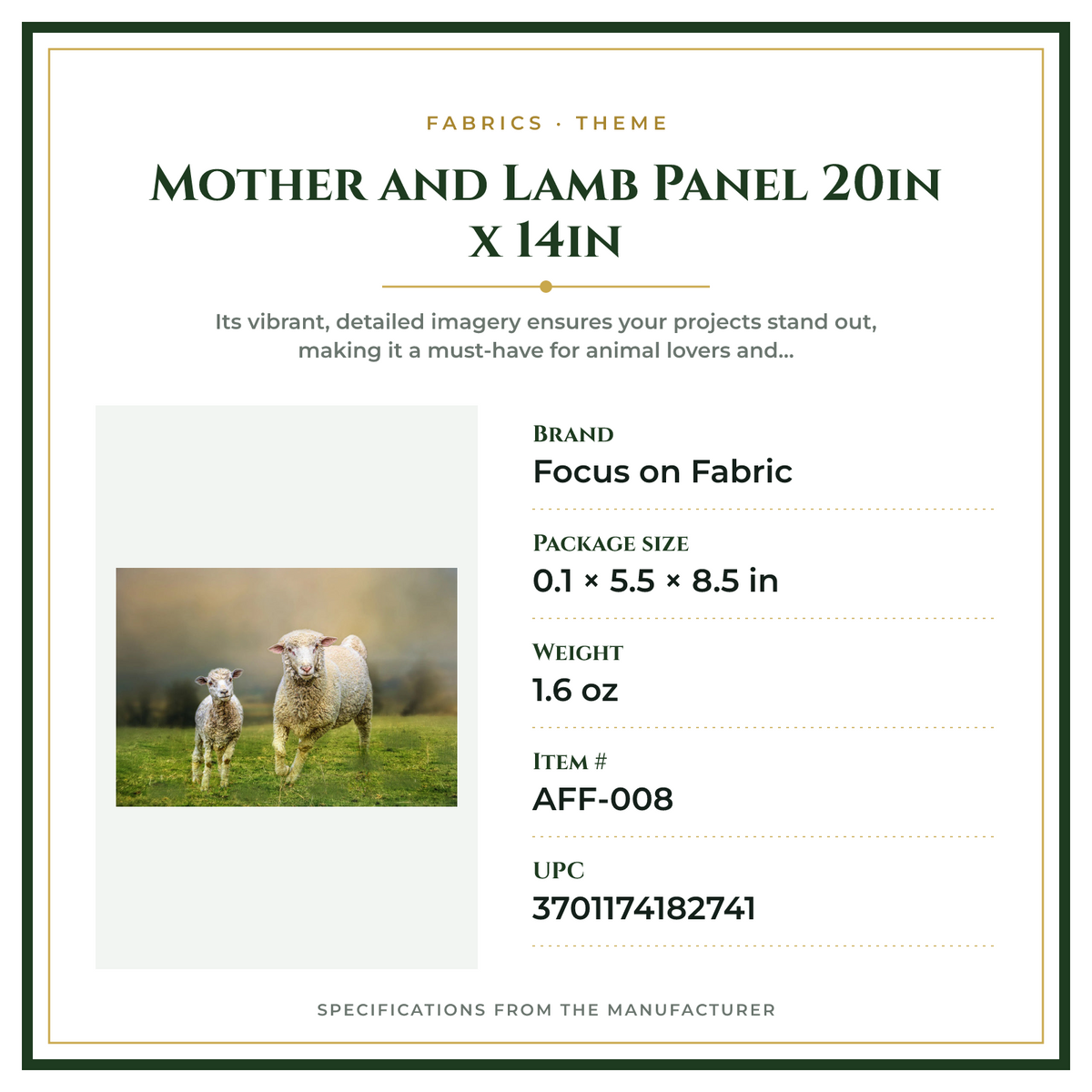 Product Specifications – Mother and Lamb Panel 20in x 14in