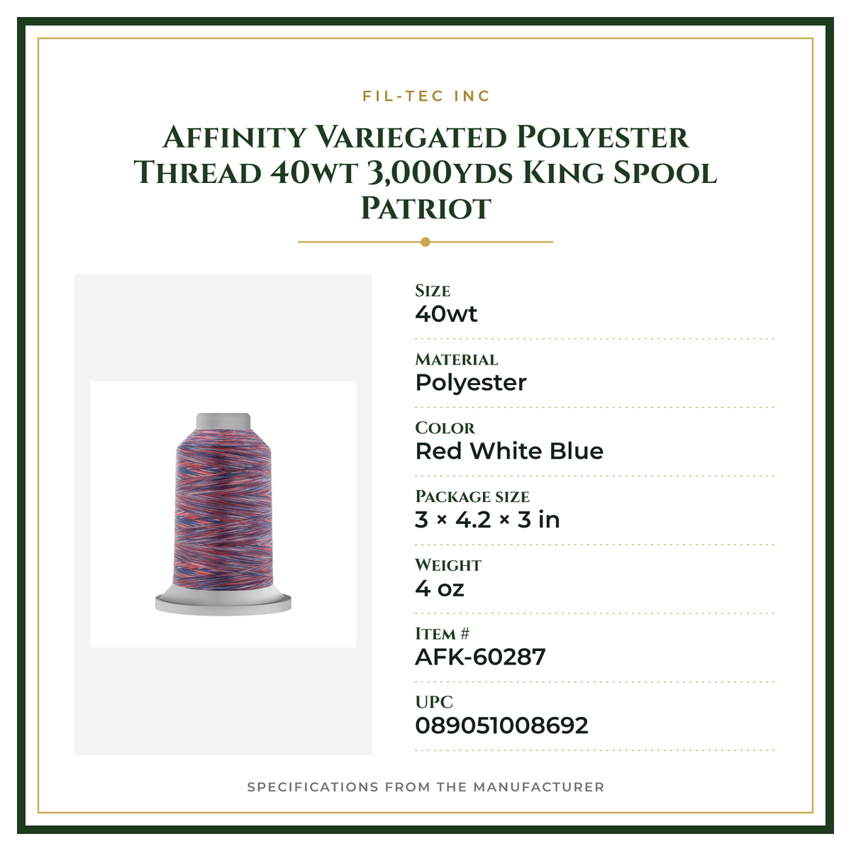 Product Specifications – Affinity Variegated Polyester Thread 40wt 3,000yds King Spool Patriot