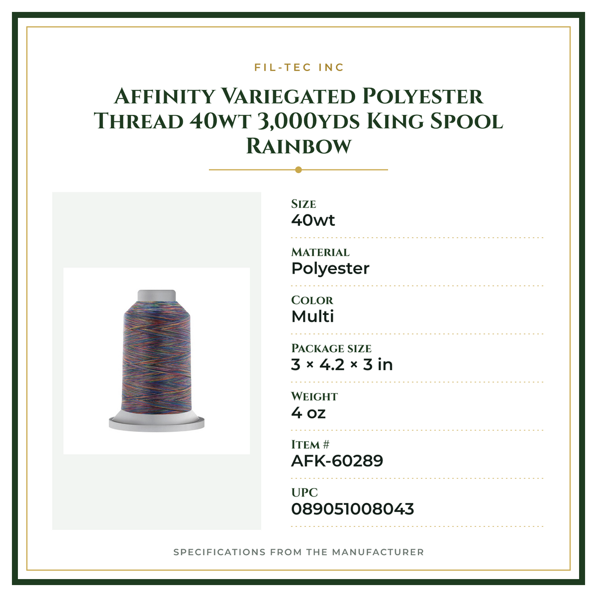 Product Specifications – Affinity Variegated Polyester Thread 40wt 3,000yds King Spool Rainbow