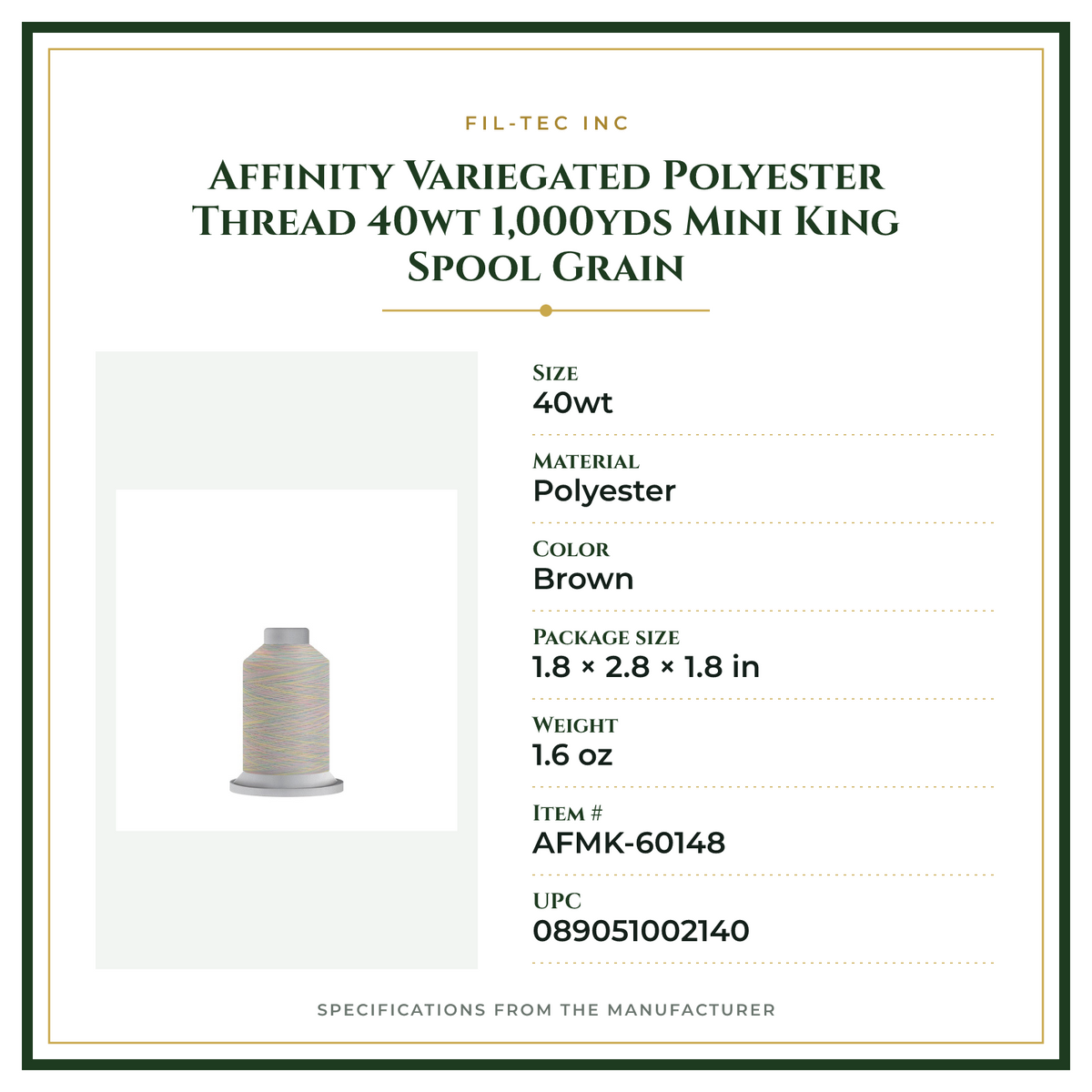 Product Specifications – Affinity Variegated Polyester Thread 40wt 1,000yds Mini King Spool Grain