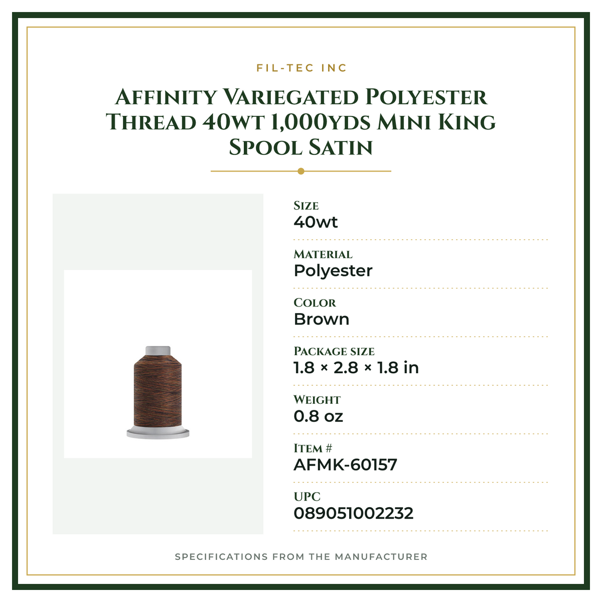 Product Specifications – Affinity Variegated Polyester Thread 40wt 1,000yds Mini King Spool Satin