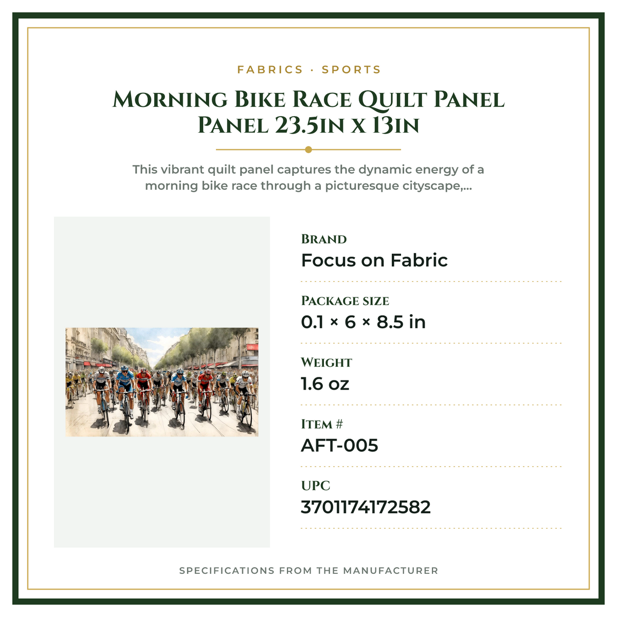 Product Specifications – Morning Bike Race Quilt Panel Panel 23.5in x 13in
