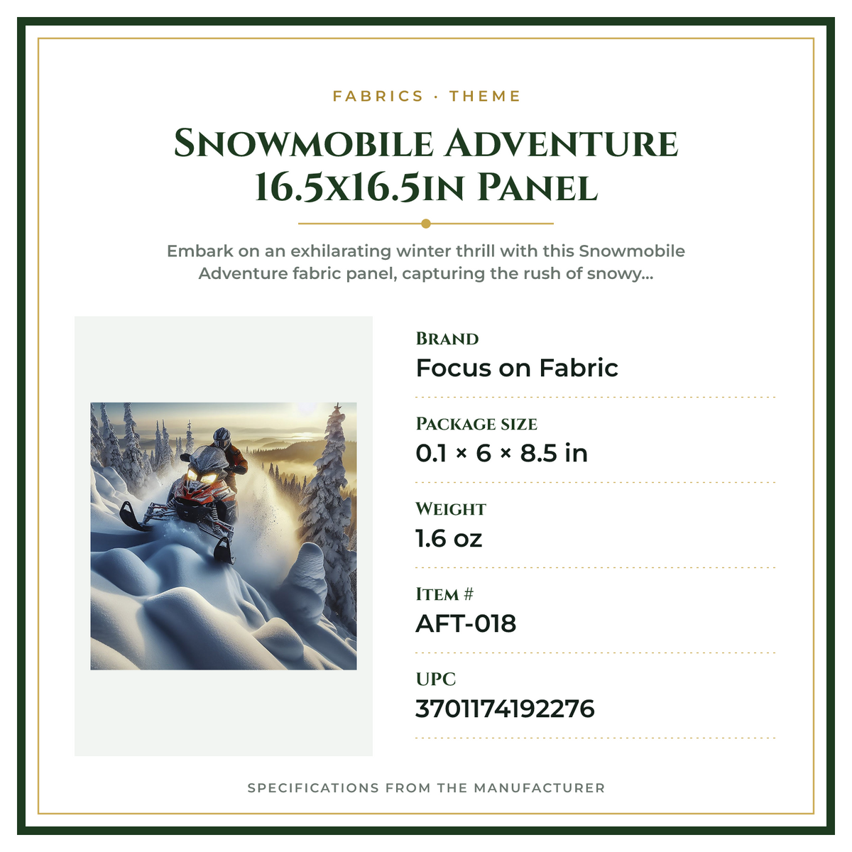 Product Specifications – Snowmobile Adventure 16.5x16.5in Panel