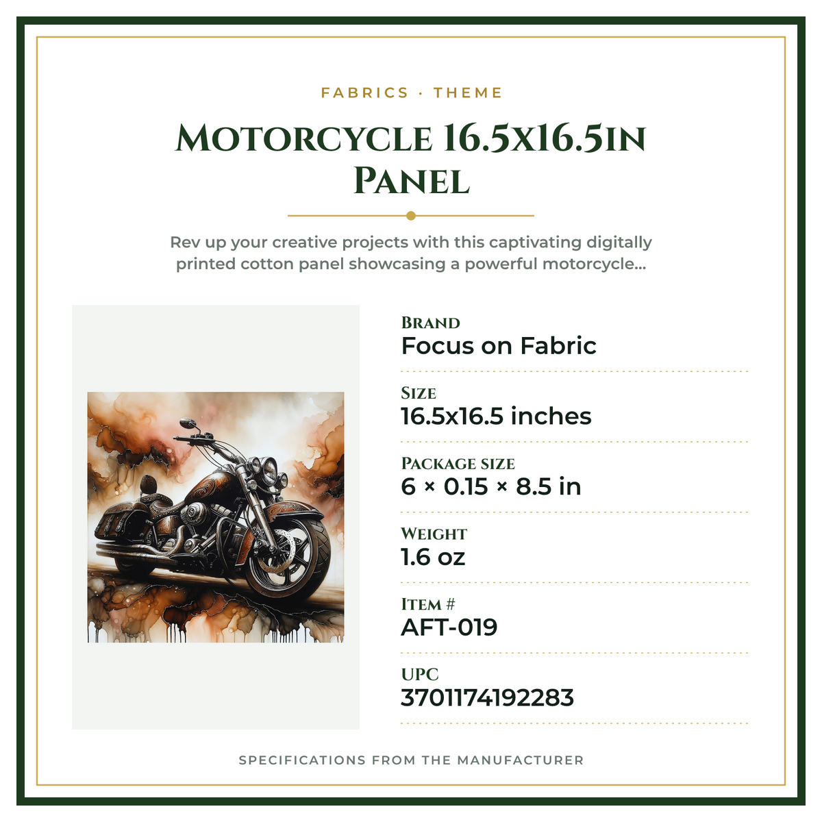 Product Specifications – Motorcycle 16.5x16.5in Panel