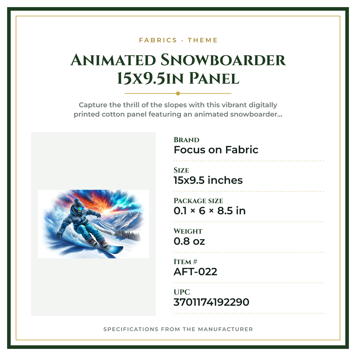 Product Specifications – Animated Snowboarder 15x9.5in Panel