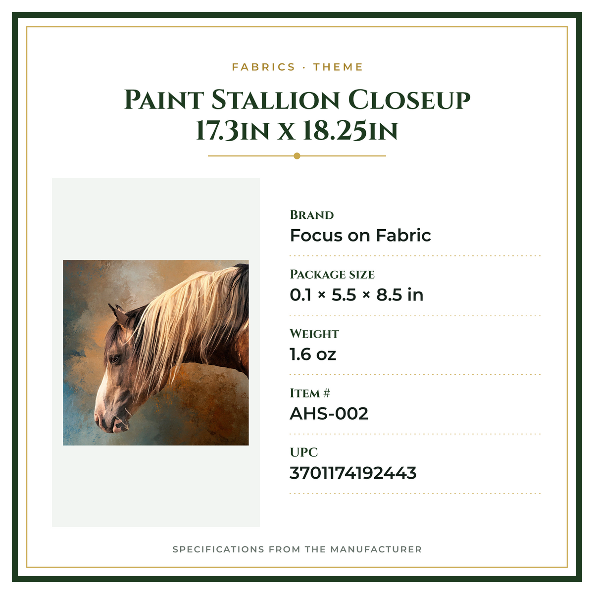 Product Specifications – Paint Stallion Closeup 17.3in x 18.25in