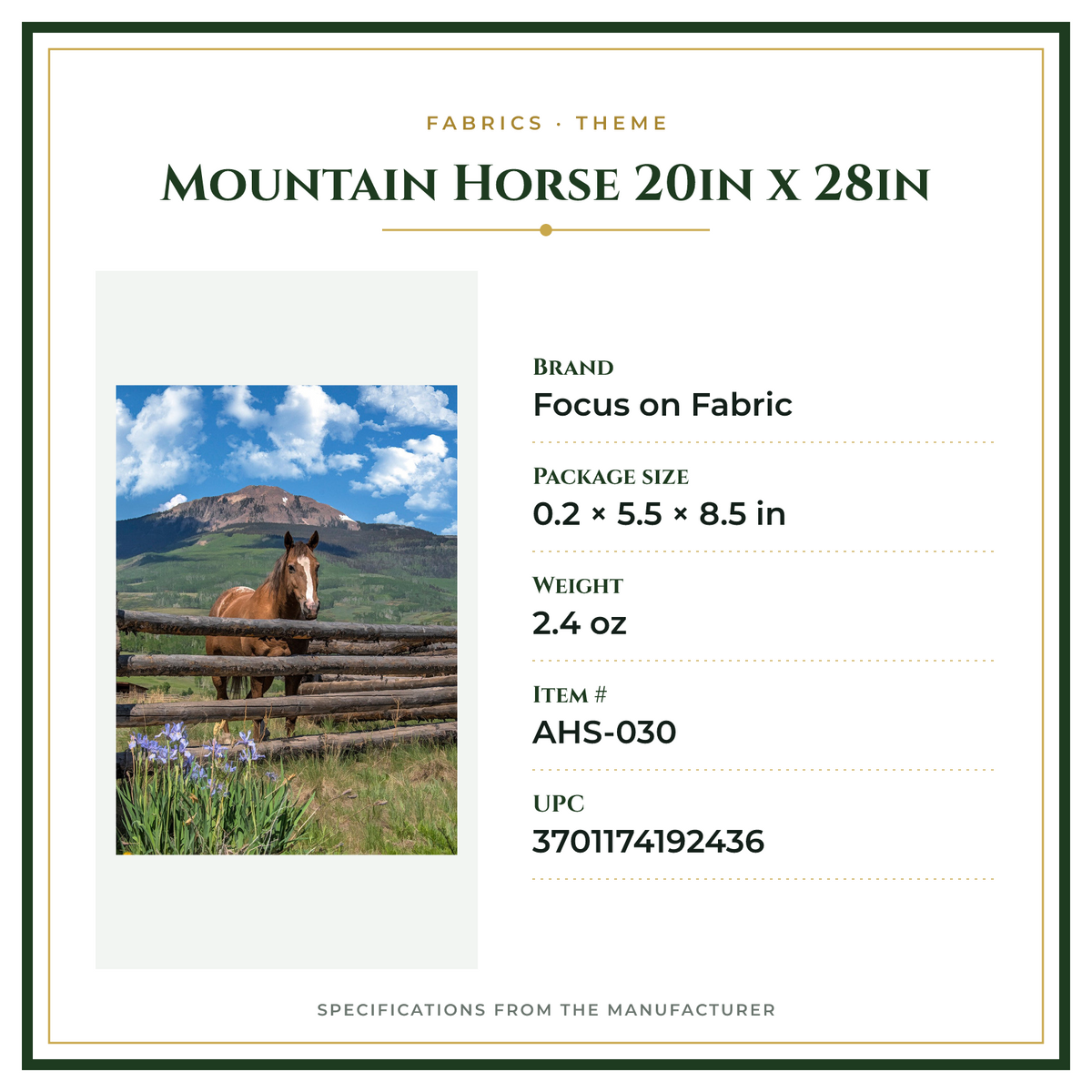 Product Specifications – Mountain Horse 20in x 28in