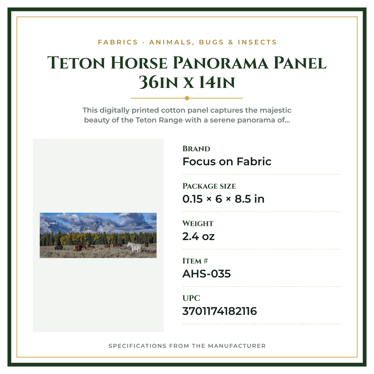 Product Specifications – Teton Horse Panorama Panel 36in x 14in