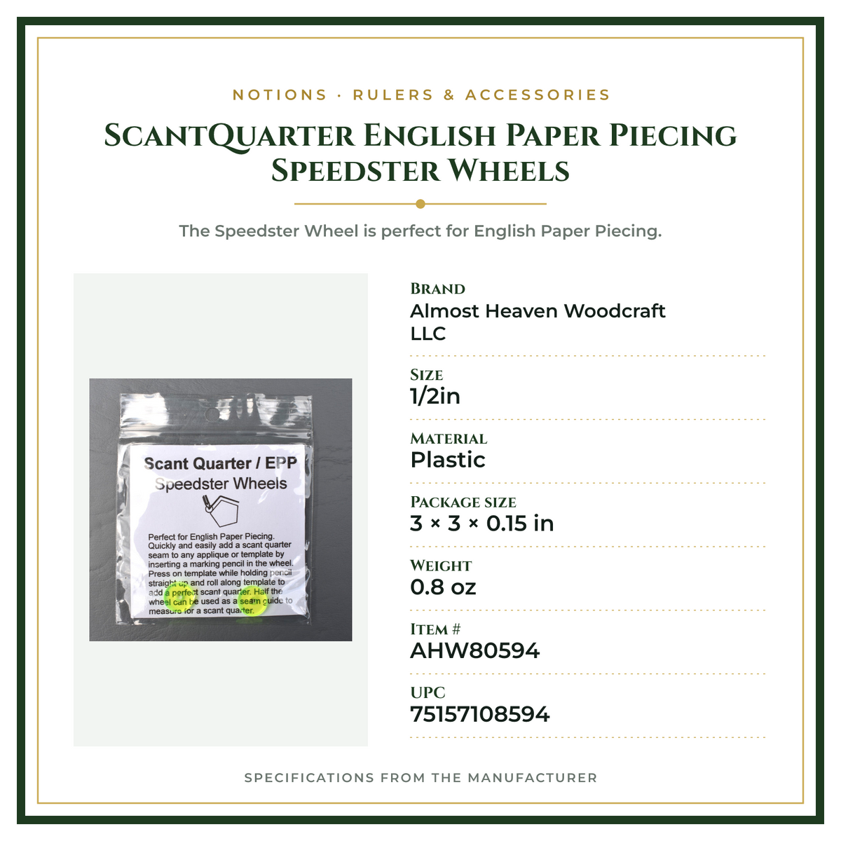 Product Specifications – ScantQuarter English Paper Piecing Speedster Wheels