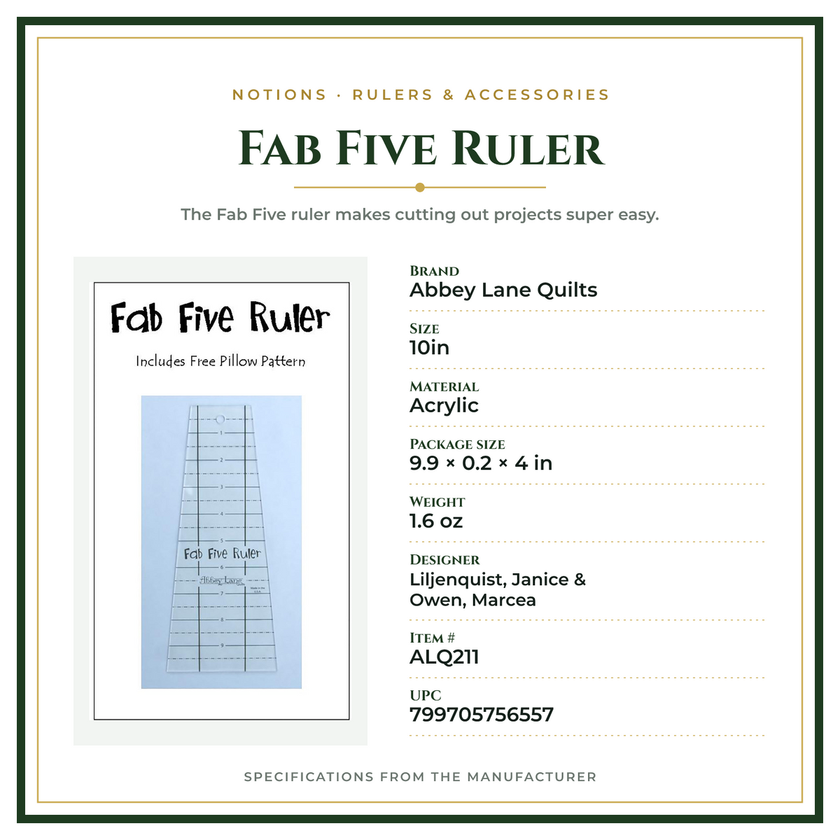 Product Specifications – Fab Five Ruler