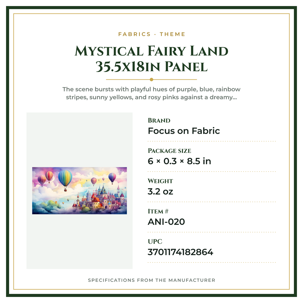 Product Specifications – Mystical Fairy Land 35.5x18in Panel
