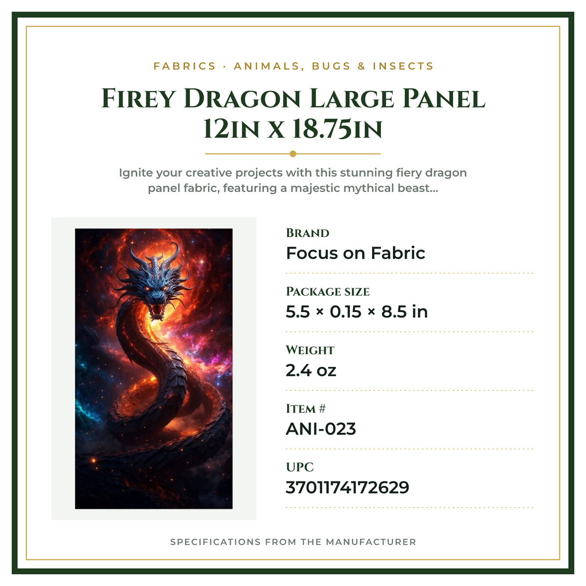 Product Specifications – Firey Dragon Large Panel 12in x 18.75in