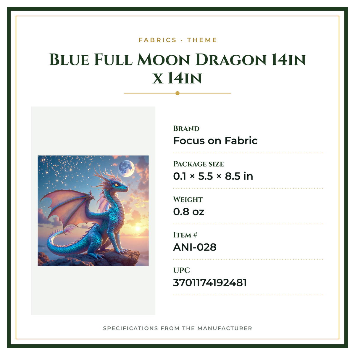 Product Specifications – Blue Full Moon Dragon 14in x 14in