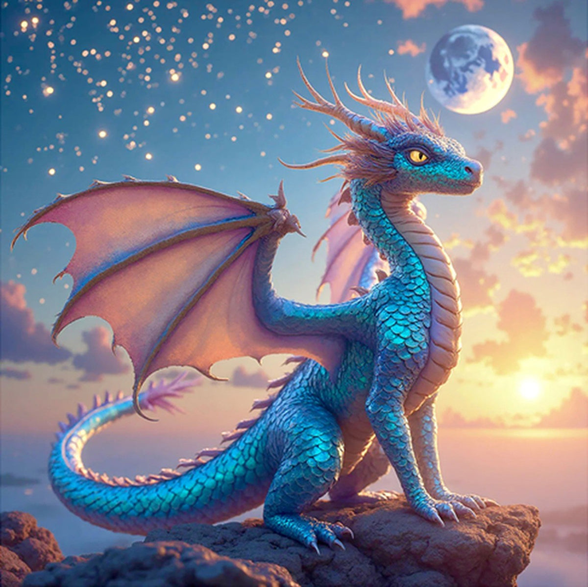 Blue Full Moon Dragon 14in x 14in