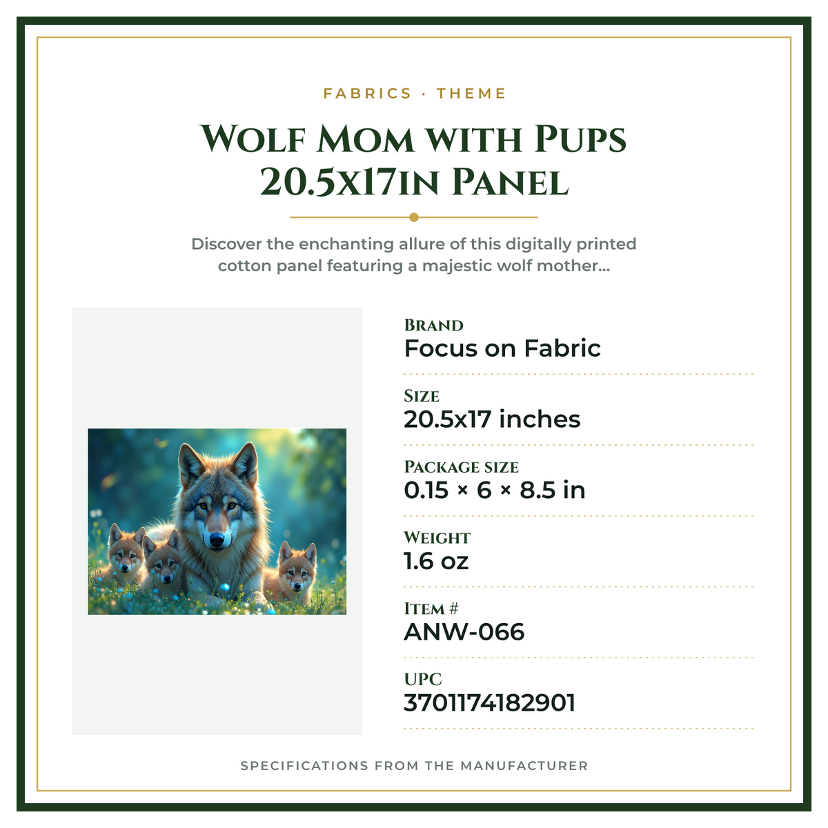 Product Specifications – Wolf Mom with Pups 20.5x17in Panel