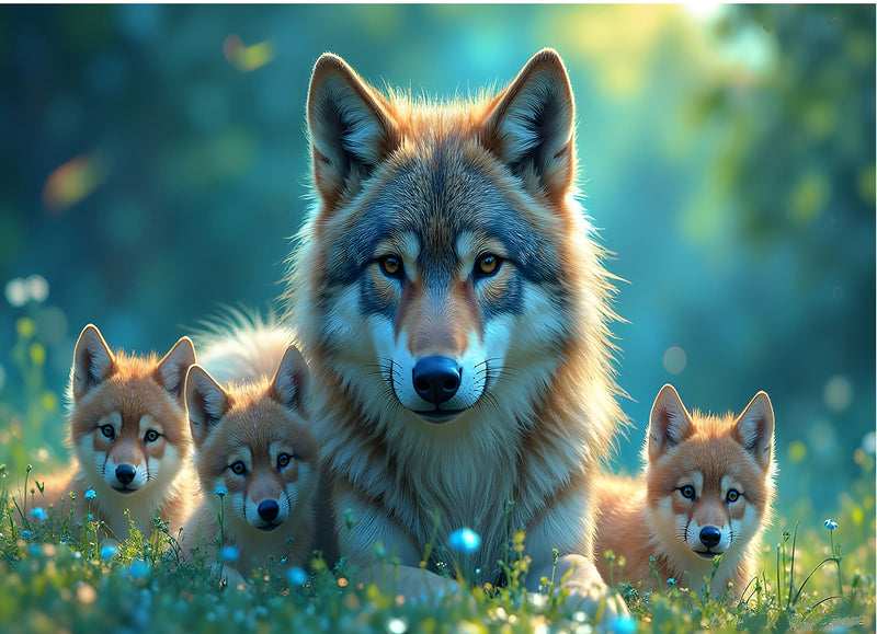 Wolf Mom with Pups 20.5x17in Panel