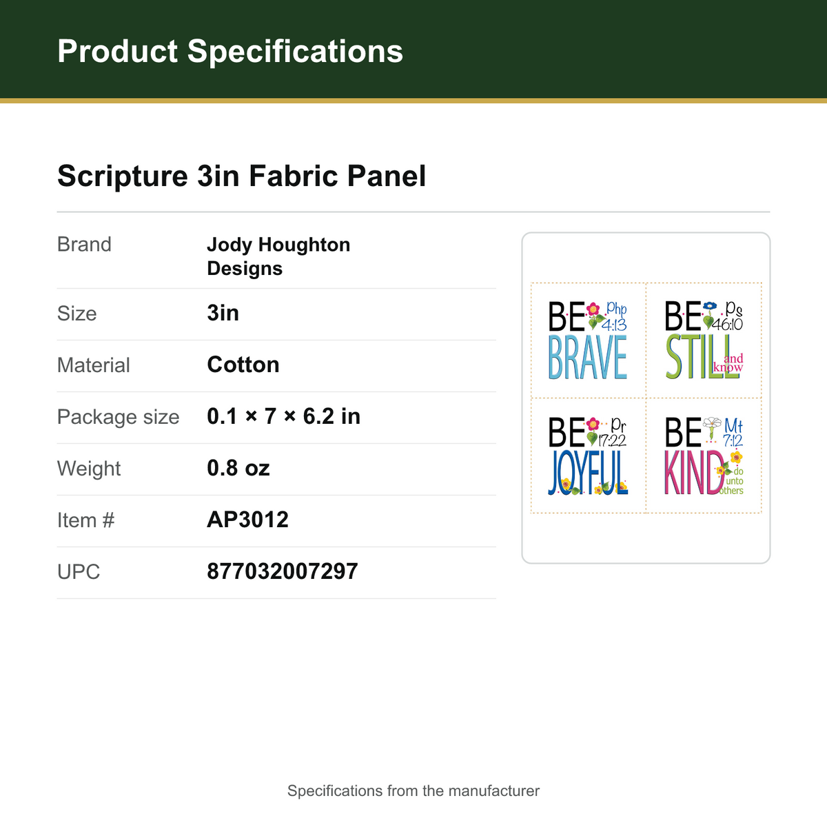 Product Specifications – Scripture 3in Fabric Panel