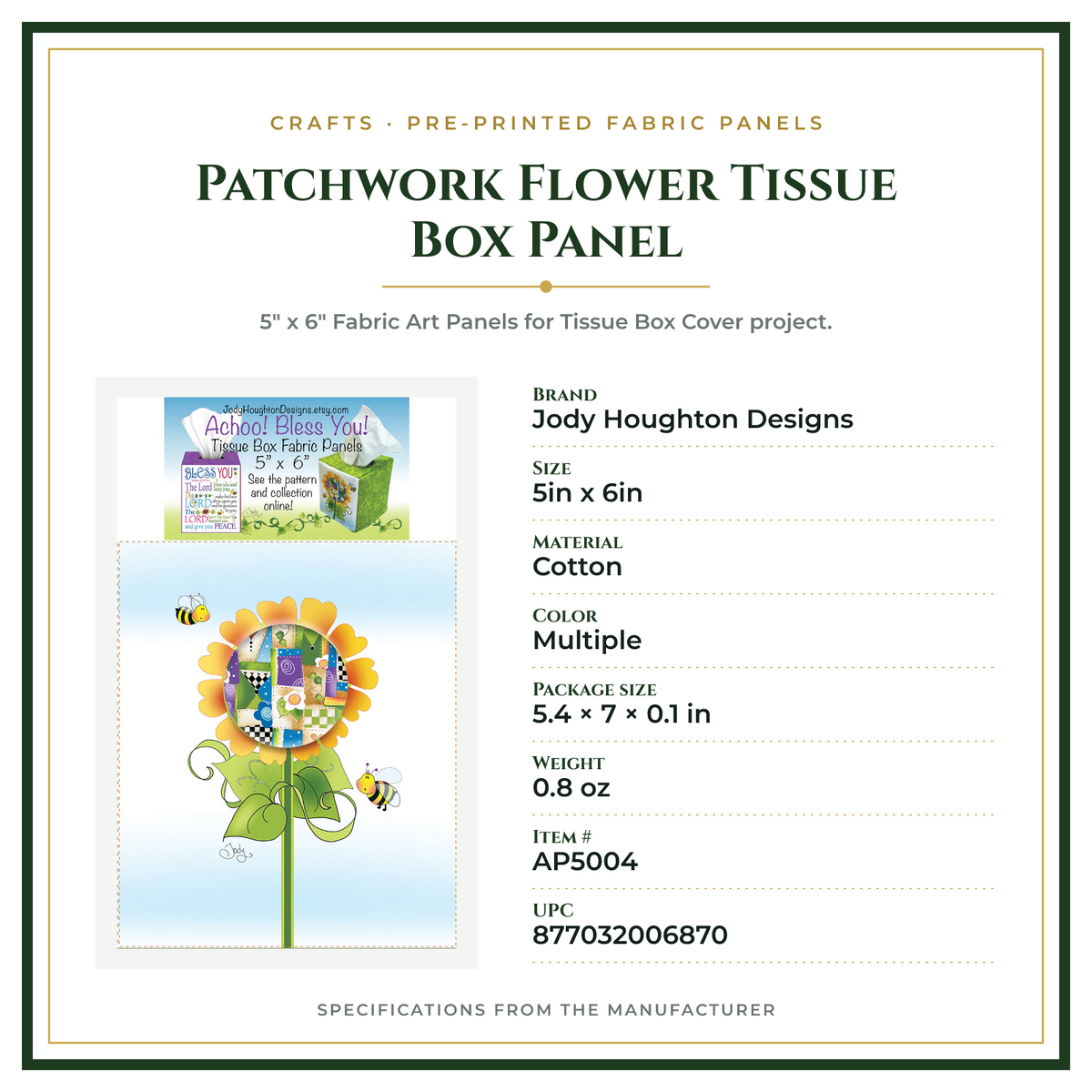 Product Specifications – Patchwork Flower Tissue Box Panel