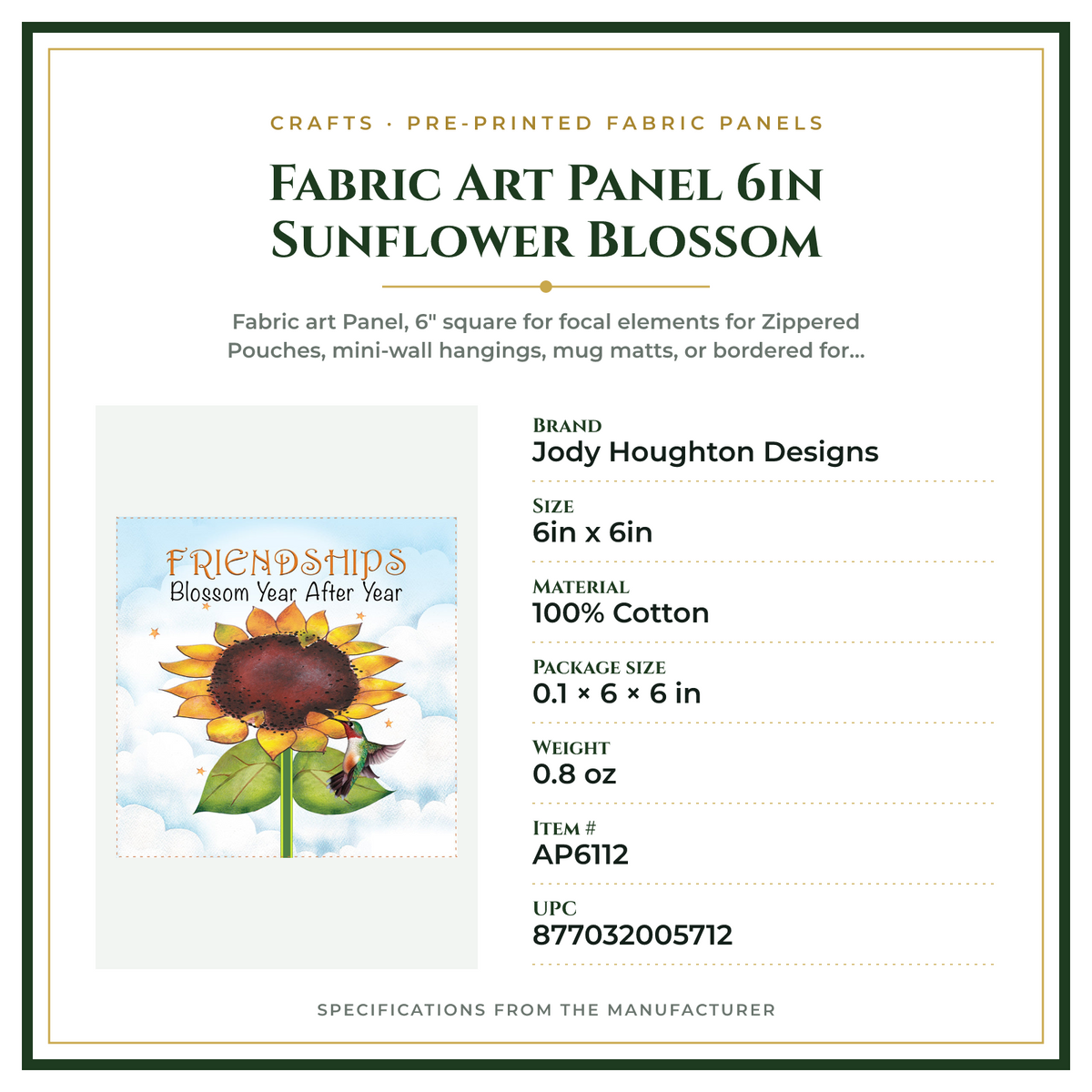 Product Specifications – Fabric Art Panel 6in Sunflower Blossom