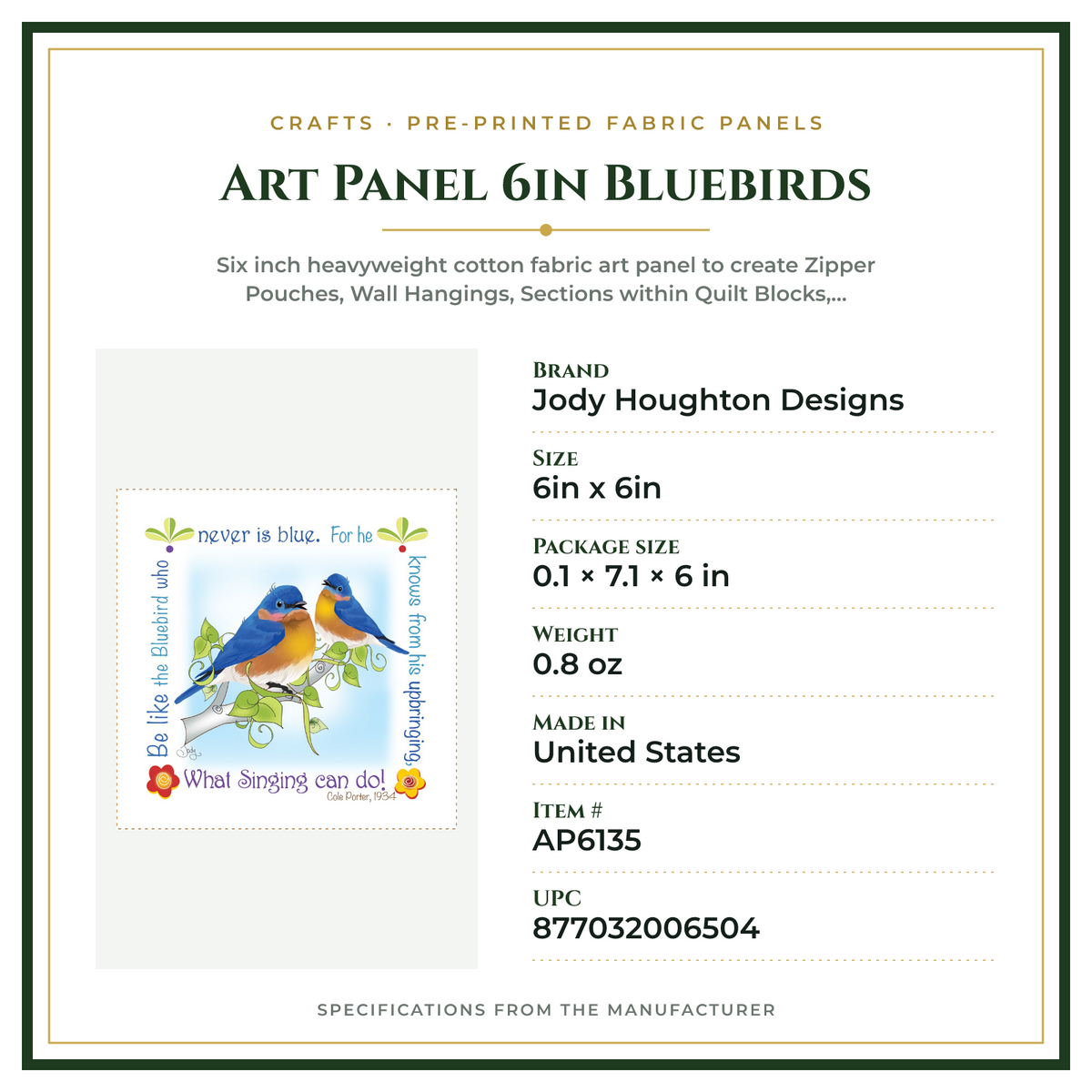 Product Specifications – Art Panel 6in Bluebirds