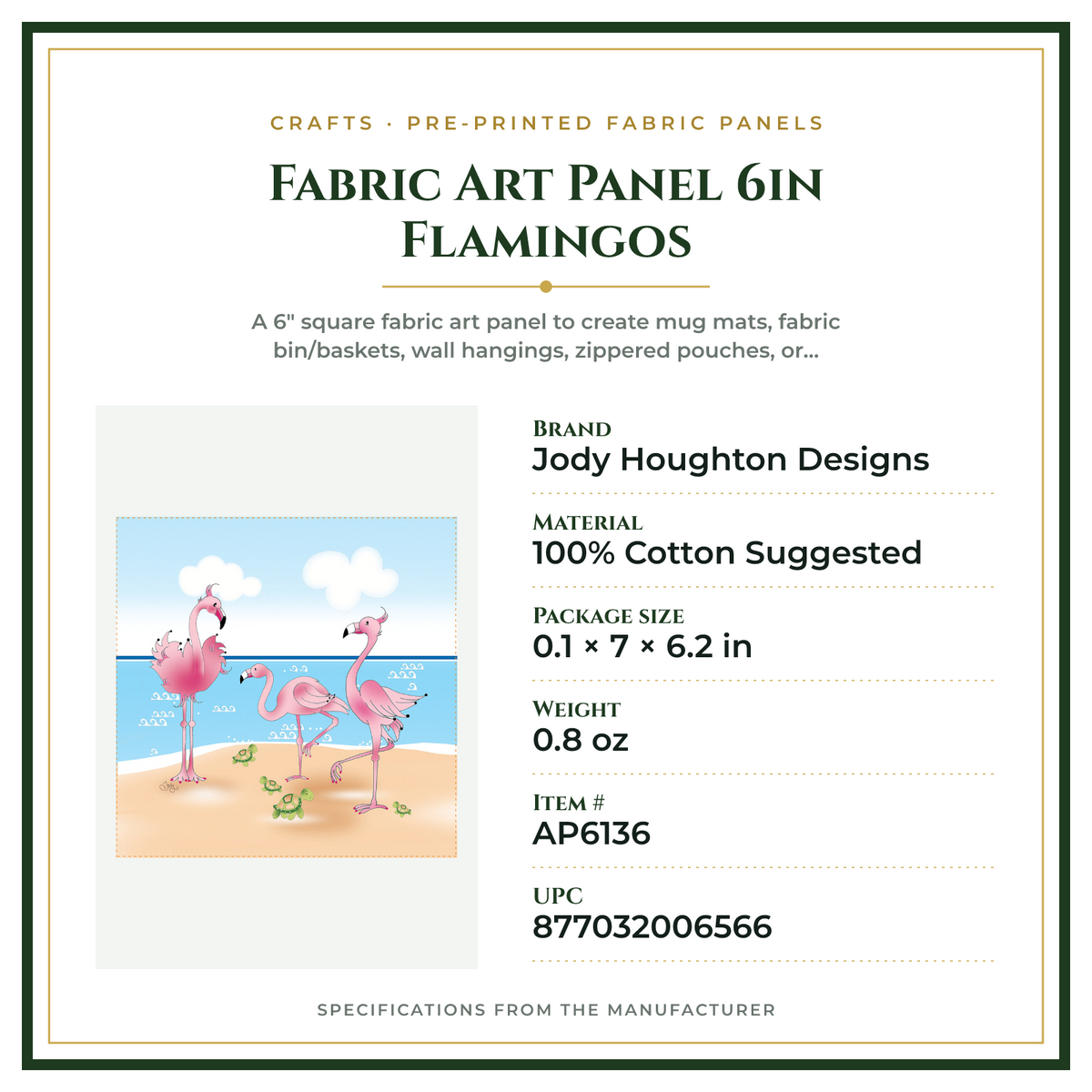 Product Specifications – Fabric Art Panel 6in Flamingos