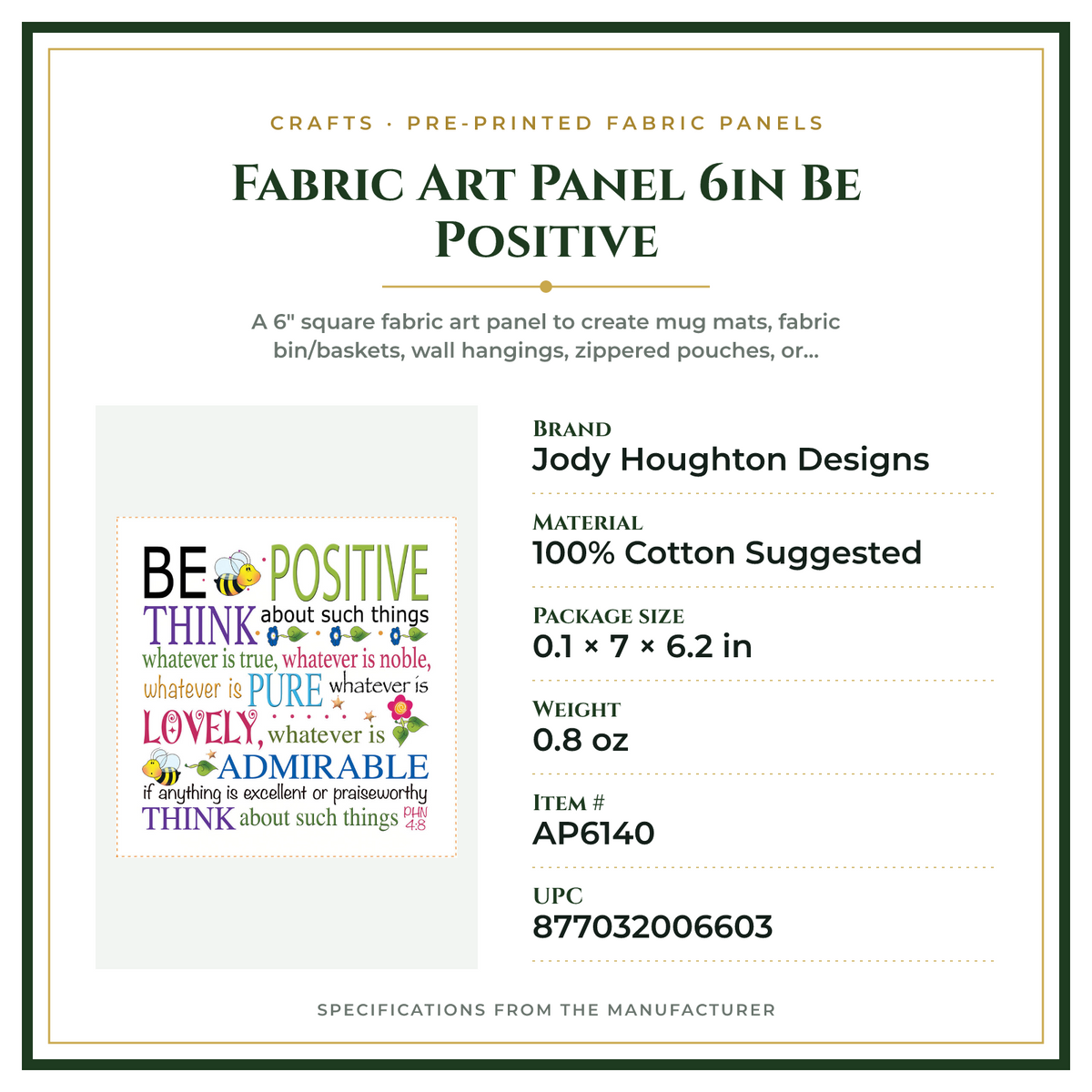 Product Specifications – Fabric Art Panel 6in Be Positive